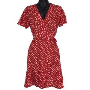 Red summer faux wrap floral white short sleeve v neck sundress beach vacation